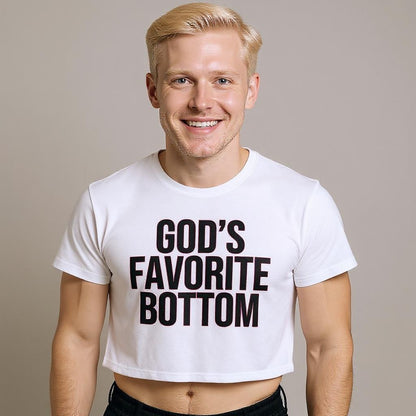 Man wearing a white t-shirt with 'GOD'S FAVORITE BOTTOM' text on a beige background