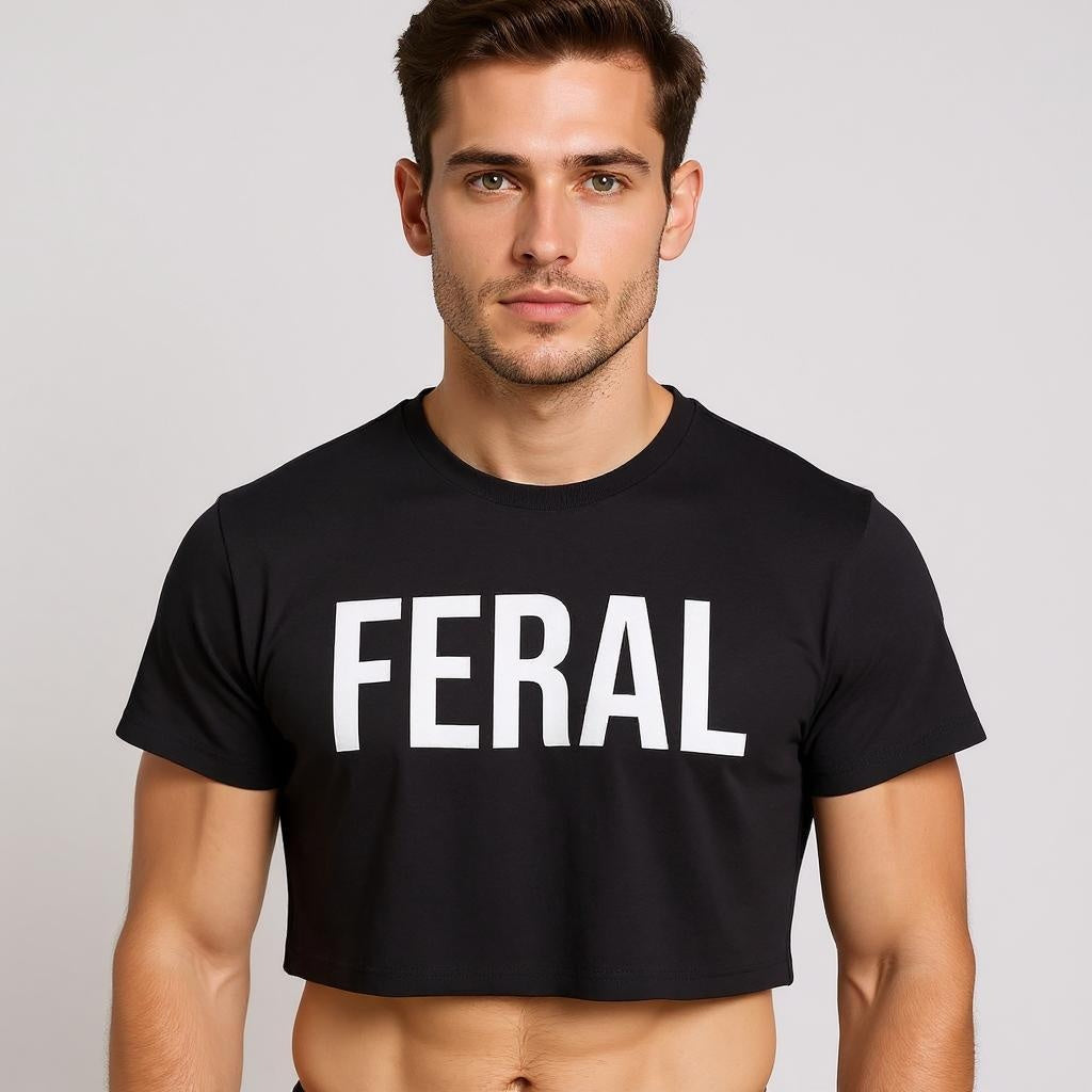 Man wearing a black t-shirt with 'FERAL' text on a plain background