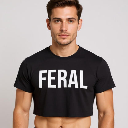 Man wearing a black t-shirt with 'FERAL' text on a plain background