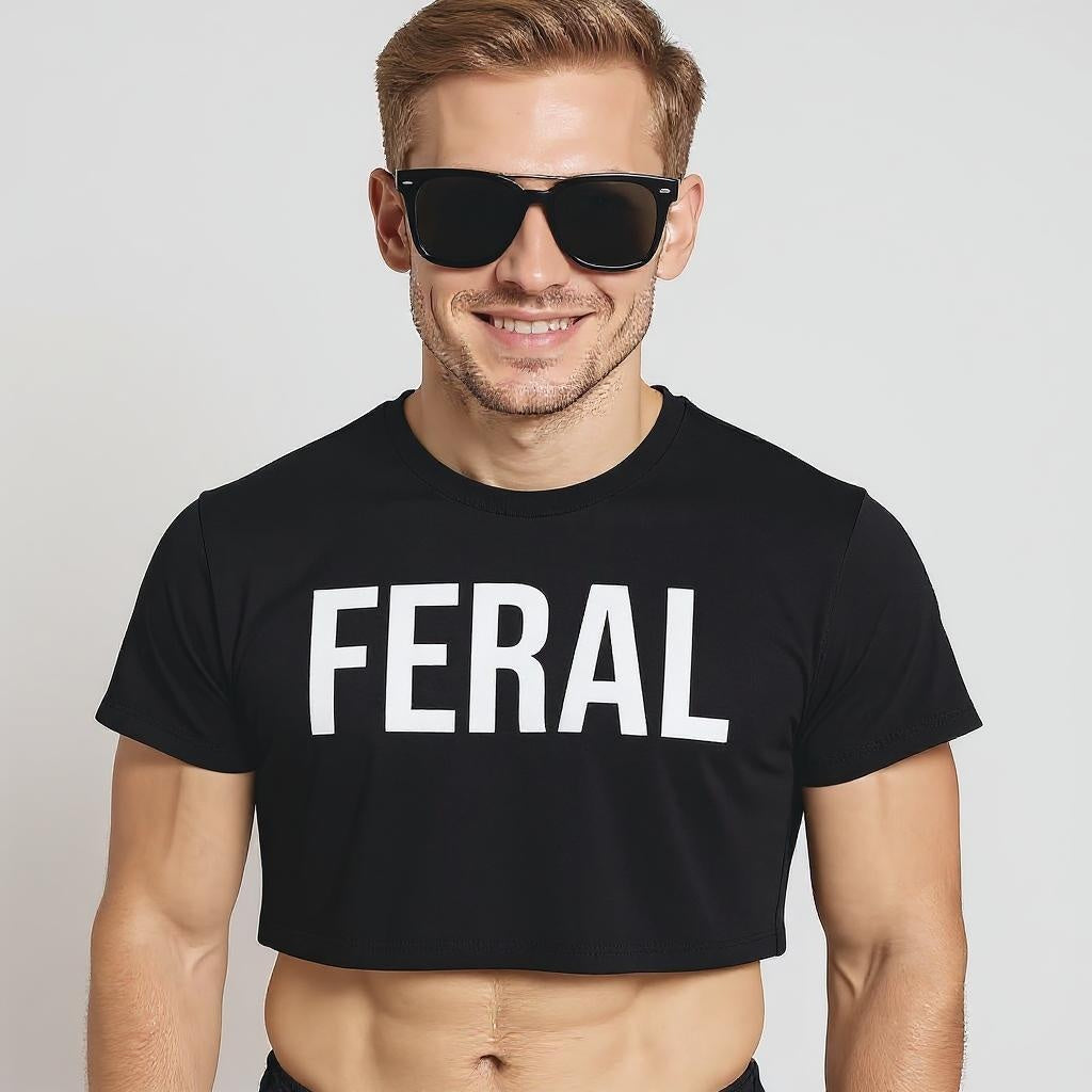 Man wearing a black t-shirt with 'FERAL' text and sunglasses on a light gray background