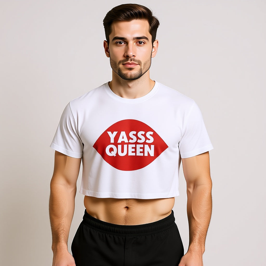 Man wearing a white t-shirt with 'YASSS QUEEN' text on a plain background