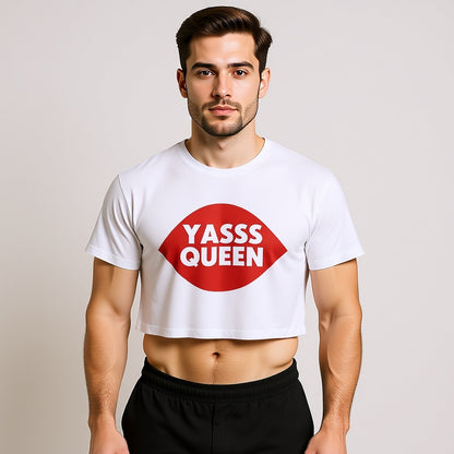Man wearing a white t-shirt with 'YASSS QUEEN' text on a plain background