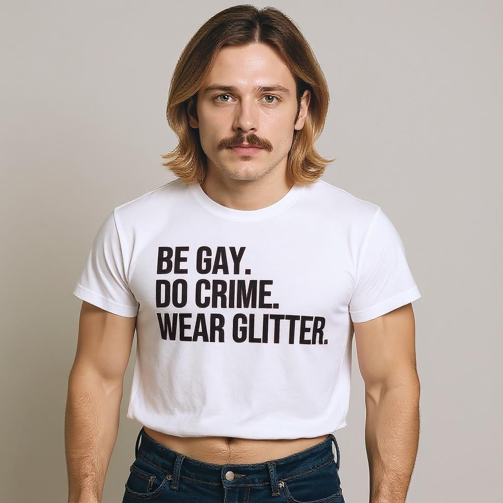 Person wearing a white t-shirt with text 'BE GAY. DO CRIME. WEAR GLITTER.' on a plain background