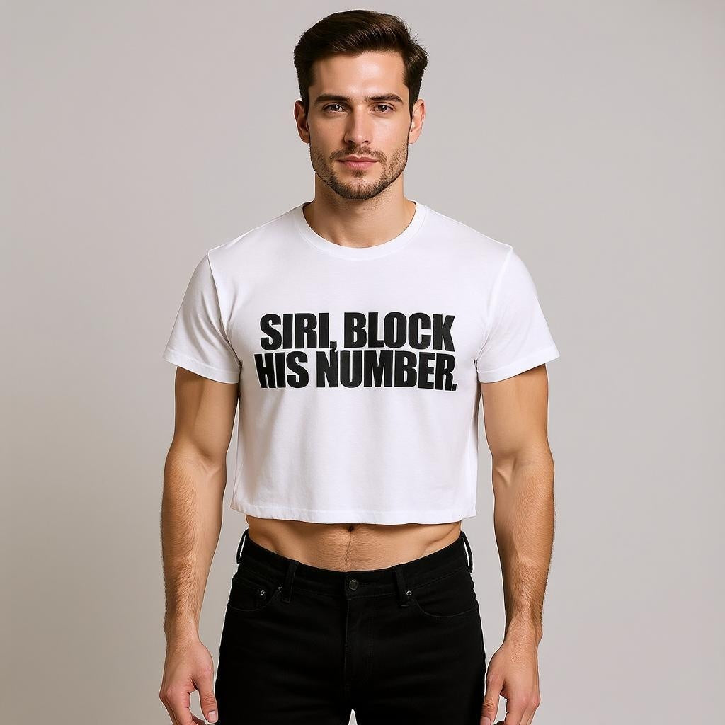 Man wearing a white t-shirt with the text "Siri, block his number" on a plain background