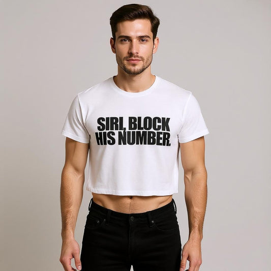 Man wearing a white t-shirt with the text "Siri, block his number" on a plain background