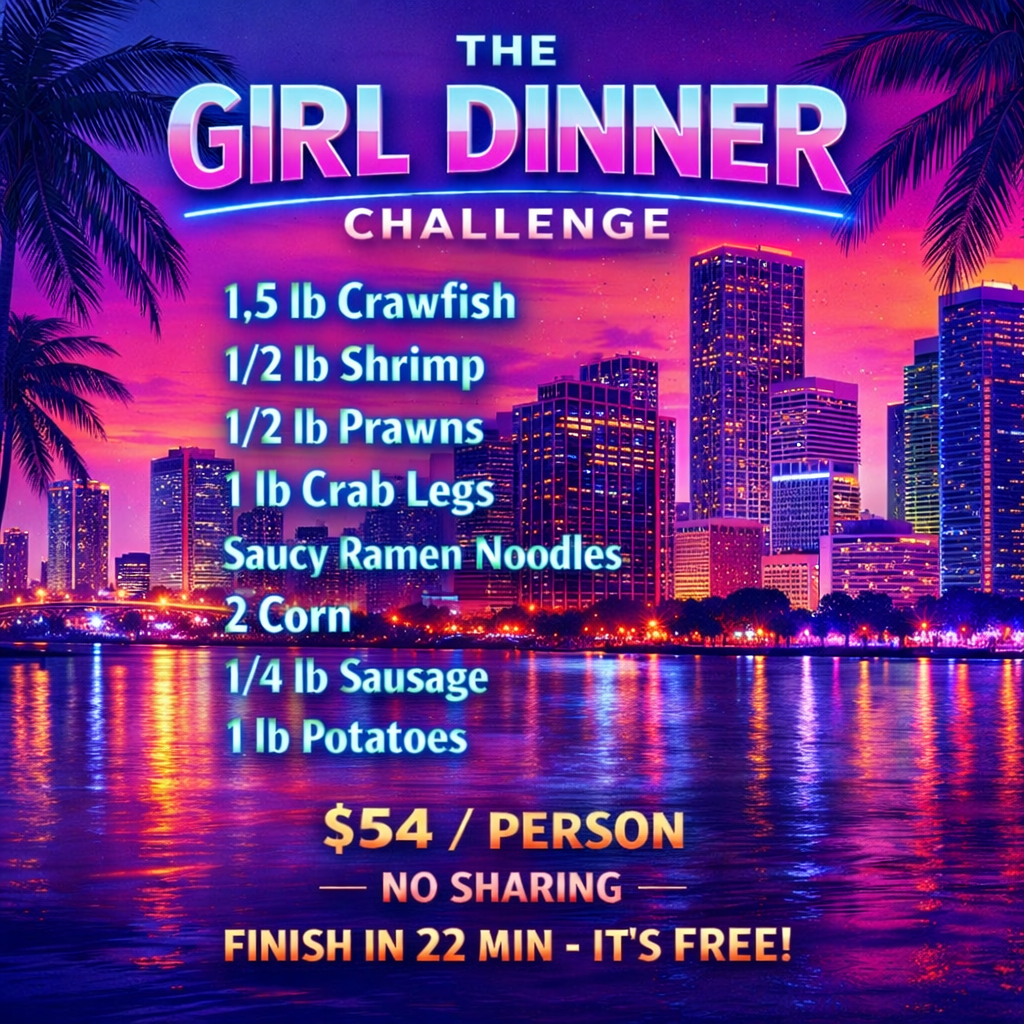 Promotional graphic for 'The Girl Dinner Challenge' with a city skyline and neon text. West Hollywood eating contest.