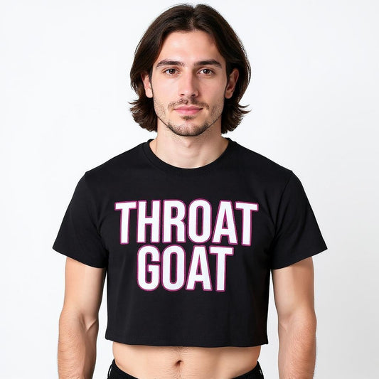 Person wearing a black t-shirt with 'THROAT GOAT' text on a white background