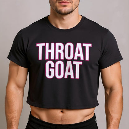 Person wearing a black t-shirt with 'THROAT GOAT' text in pink and white.