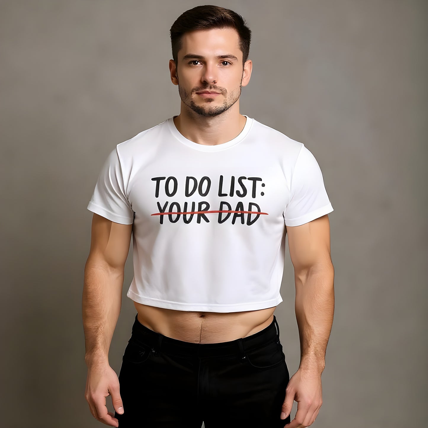 A man wearing a white t-shirt with text on a plain background that says "to do list: your dad" with a red line crossing out "your dad"