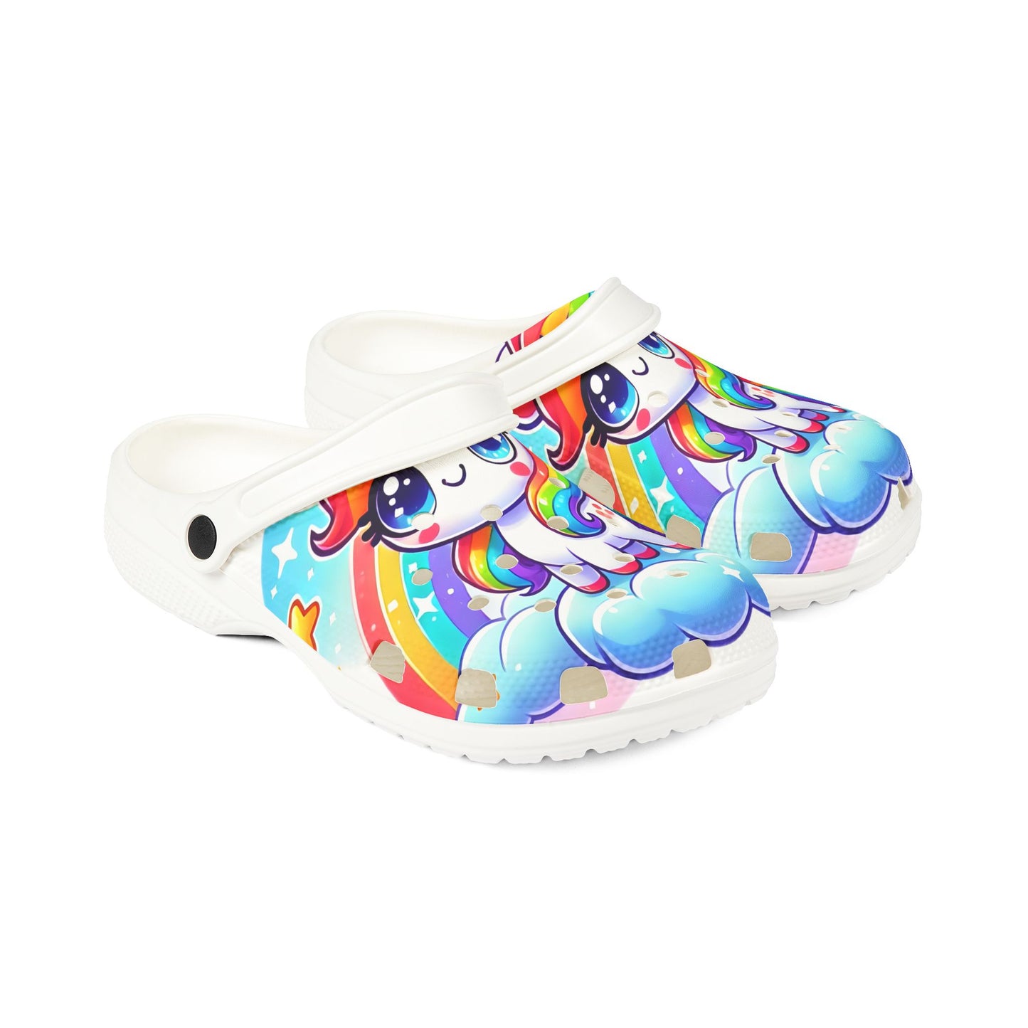 Whimsical unicorn EVA foam stompers featuring rainbow clouds and kawaii face design, ideal for soft femme comfort, Pride festivals, and gay TikTok fashion moments.