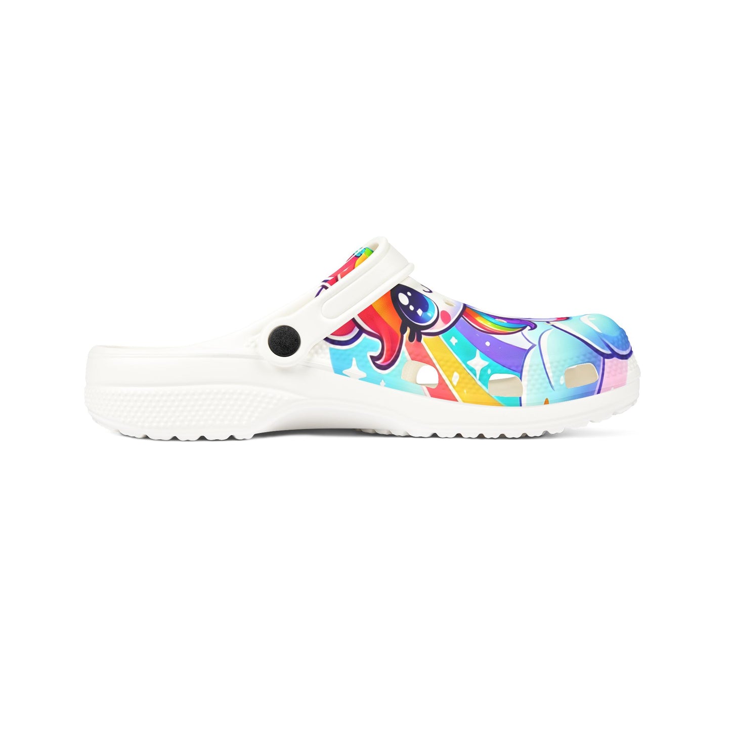 Colorful unicorn croc-style shoes with pastel rainbow graphics, queer-core aesthetic, and cloud-soft EVA foam, worn for parades, parties, and joyful queer expression.