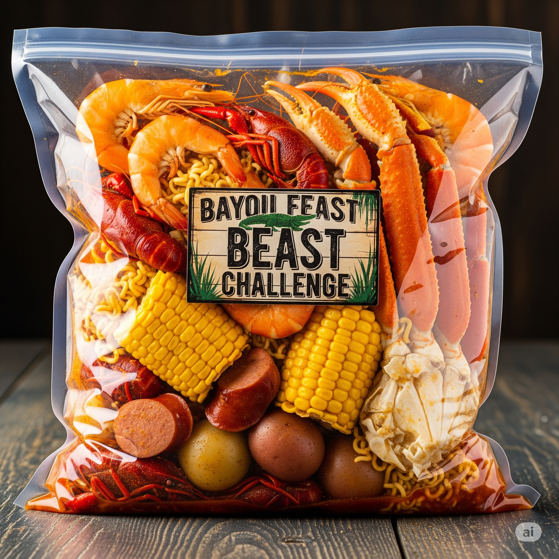 Packaged seafood mix with 'Bayou Feast Beast Challenge' label on a wooden surface