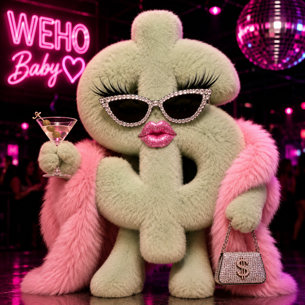 Stuffed dollar sign toy with pink fur and sunglasses, holding a martini glass and purse, in a disco setting with neon lights signifying west hollywood bar deals.