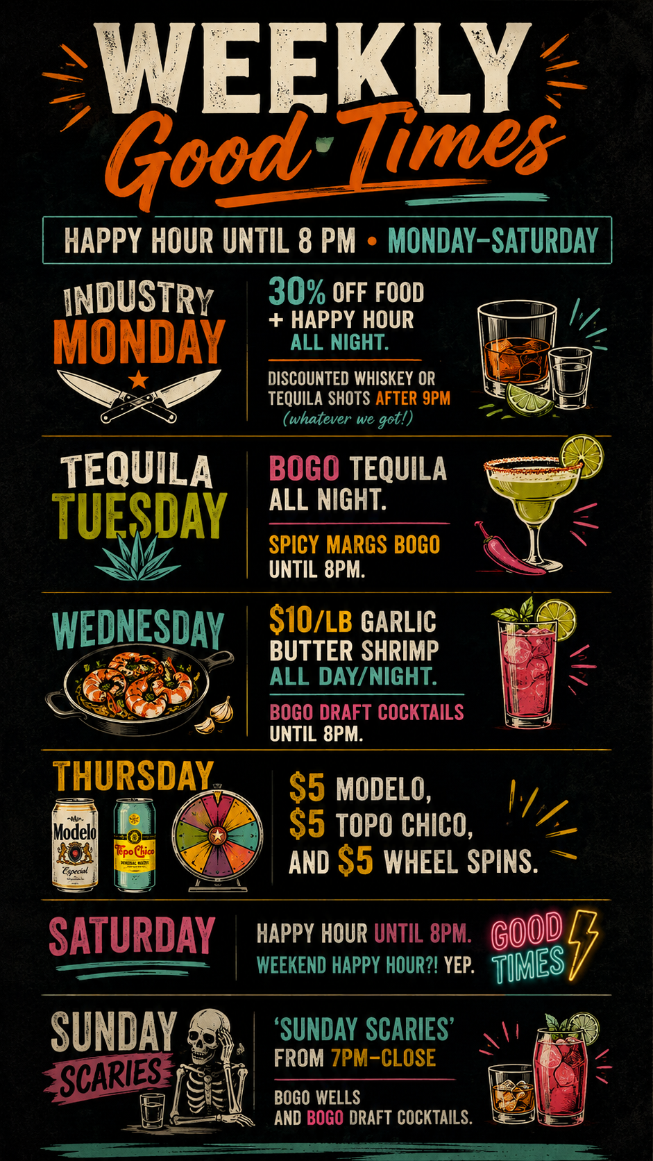 Weekly restaurant specials menu with drinks and food items on a dark background