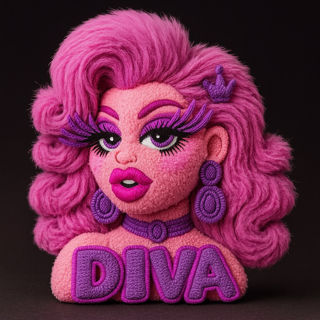 3D plush drag queen doll with vibrant pink faux fur hair, bold lashes, and purple accessories, featuring large embroidered "DIVA" text—an LGBTQ+ gift, queer decor, and pride-inspired collectible.