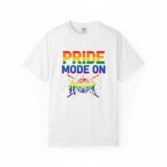 White t-shirt with 'Pride Mode On' text and rainbow colors on a white background