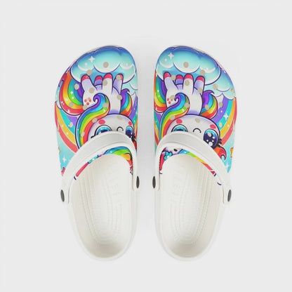Vibrant foam clogs with unicorn peace signs, rainbows, and cloud motifs—sentimentally designed for queer joy, gender affirmation, and Pride fashion statements.