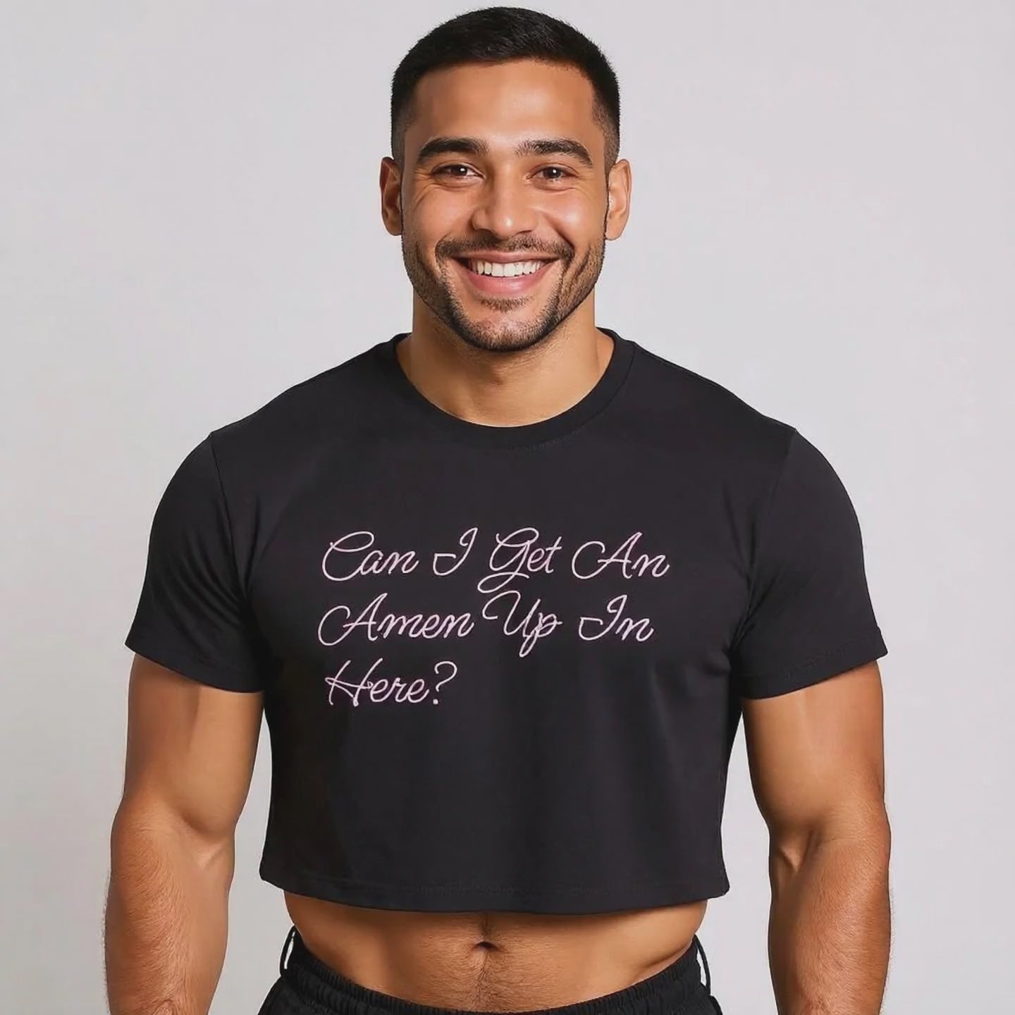 Close-up of a gender-inclusive RuPaul drag crop top by Bayou WeHo—queer fashion, inclusive sizing, West Hollywood.