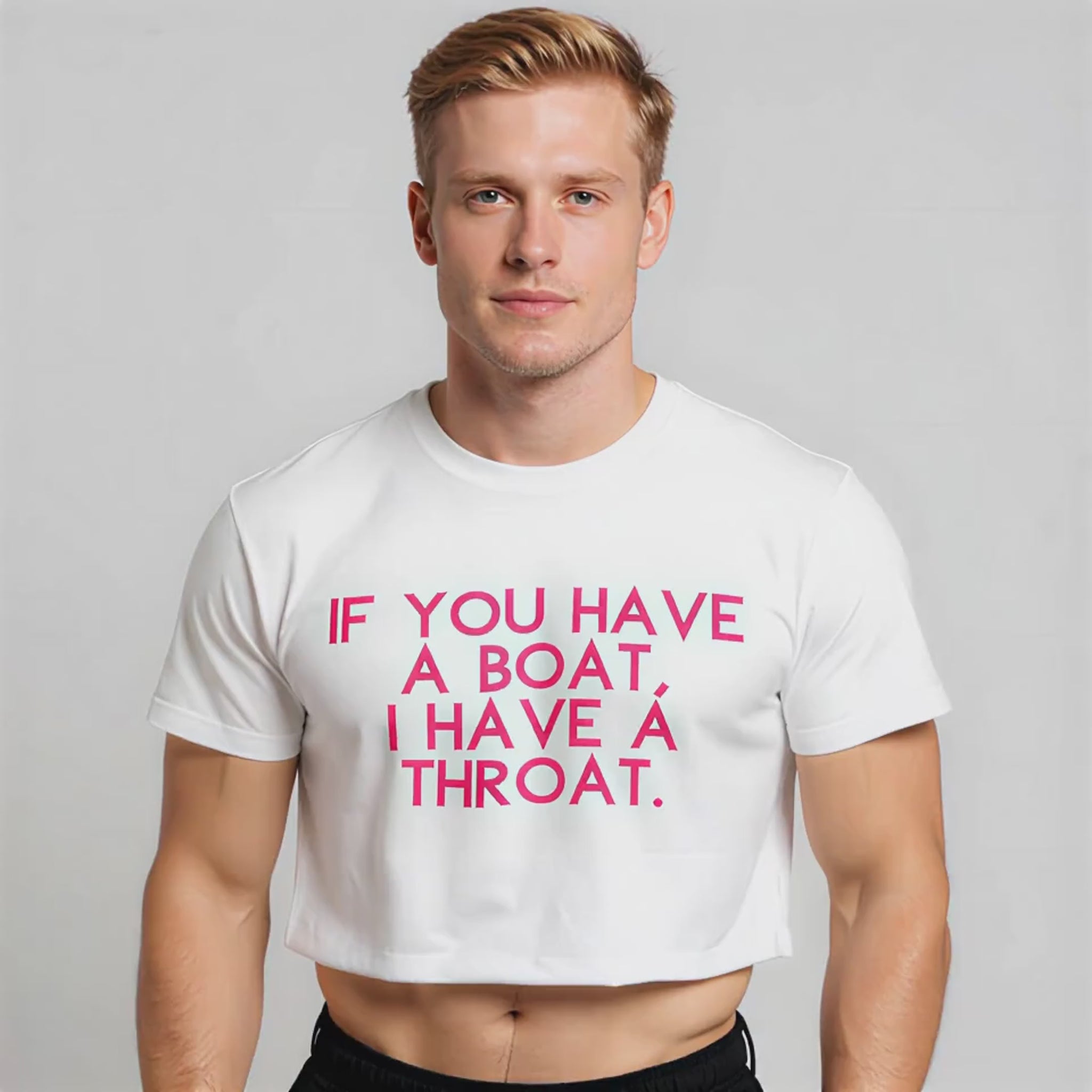 Playful LGBTQ+ pride t-shirt with the bold slogan “If you have a boat, I have a throat,” modeled in West Hollywood. Perfect for Pride events, queer nightlife, and statement streetwear.