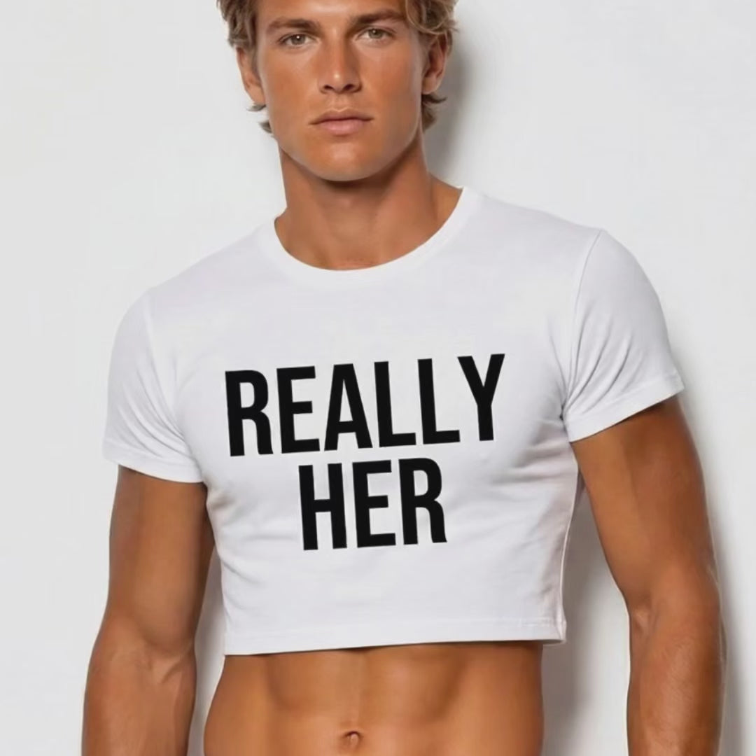 really her crop top fitted cropped t-shirt on a male model with a white background