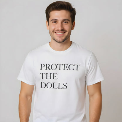 Person wearing a black “Protect the Dolls” T-shirt—bold pro-drag, pro-trans message.