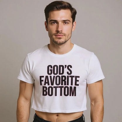 Model in “God’s Favorite Bottom” cropped shirt—sassy LGBTQ+ pride streetwear.
