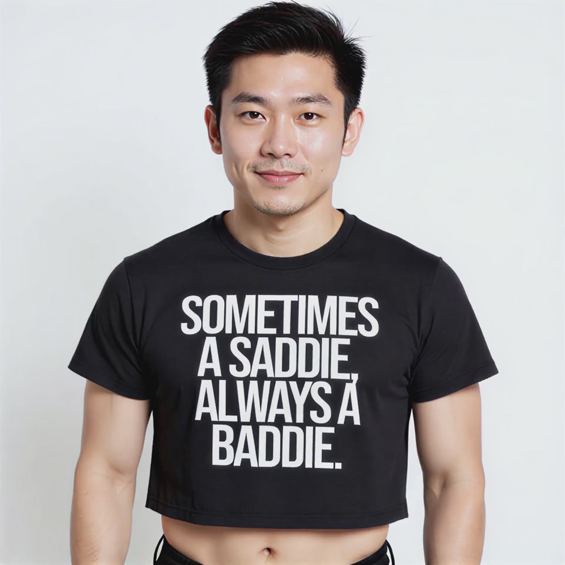 Person wearing a black crop top with bold white text reading “Sometimes a Saddie, Always a Baddie”—playful LGBTQ+ pride streetwear style.