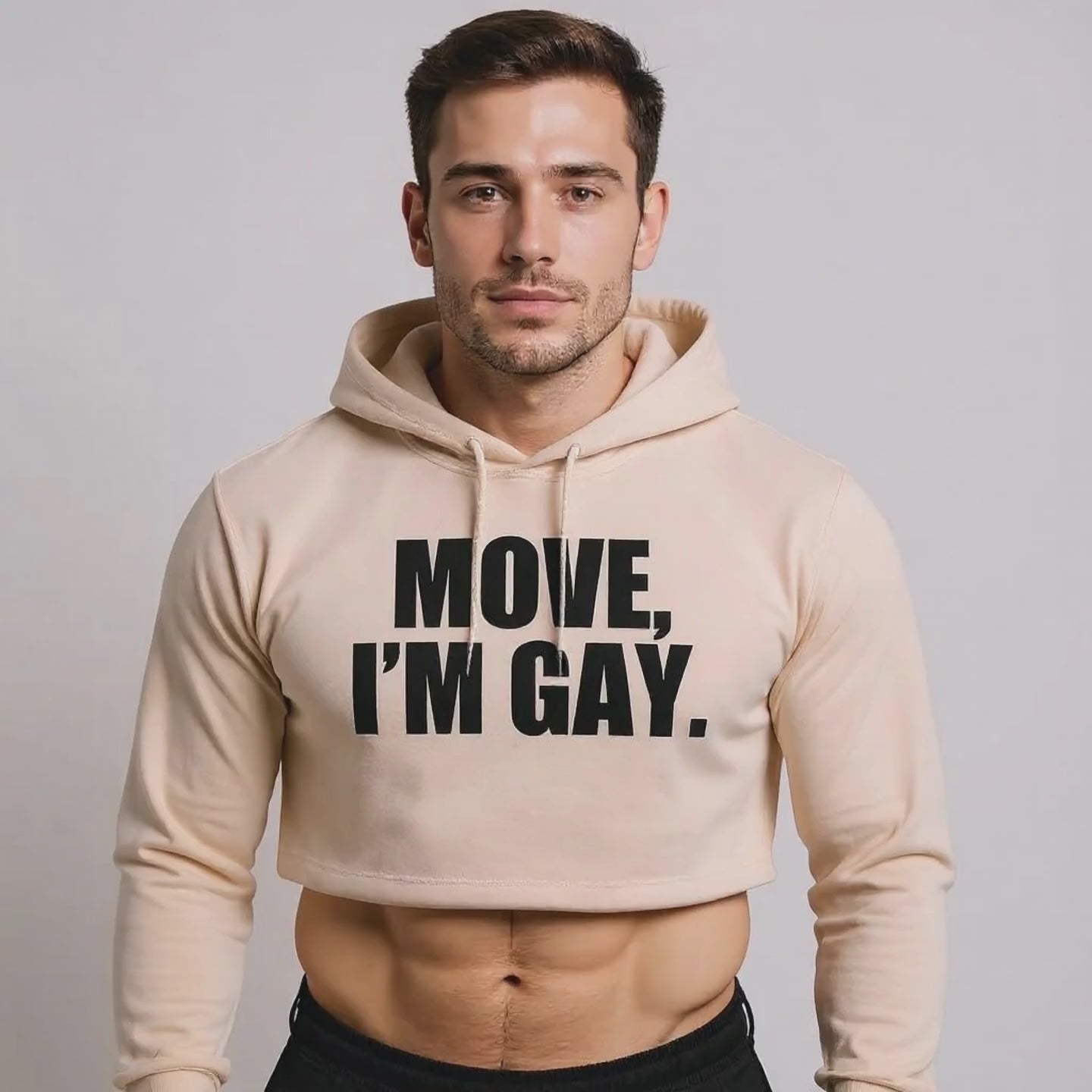 Flawless close-up of the “Move I’m Gay” cropped hoodie—fun, sassy, and unapologetically queer fashion.