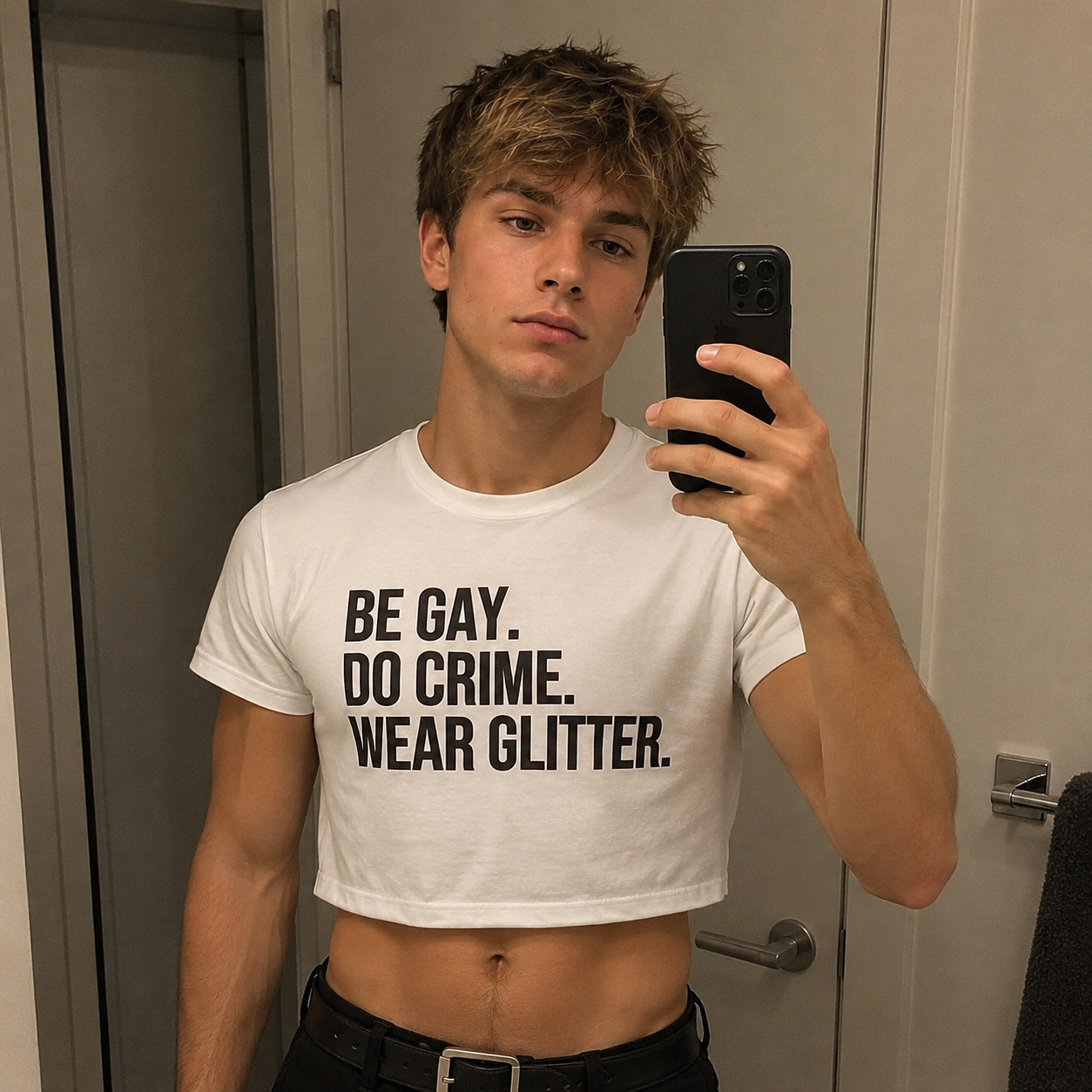 A young man taking a mirror selfie in a bathroom, wearing a white cropped t-shirt with bold black text that reads 'BE GAY. DO CRIME.