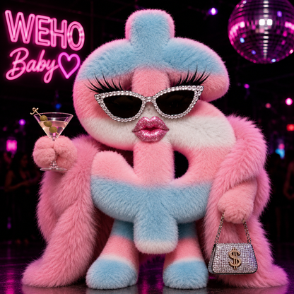 Pink and blue plush toy with sunglasses, cocktail, and handbag in a disco setting with 'WEHO Baby' neon sign.
