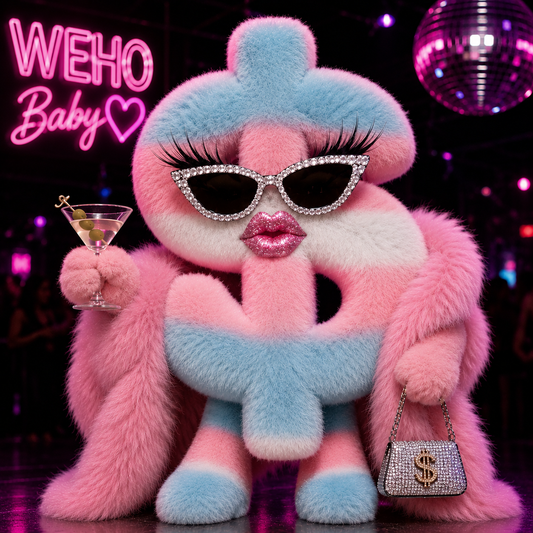 Pink and blue plush toy with sunglasses, cocktail, and handbag in a disco setting with 'WEHO Baby' neon sign.