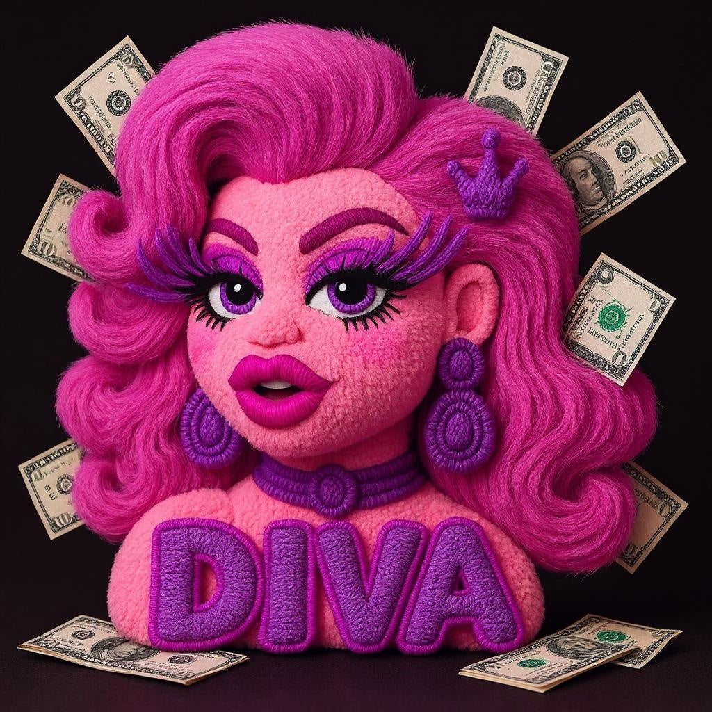 Fabulous pink drag queen plush with voluminous hair, oversized lashes, and statement jewelry surrounded by dollar bills, styled with bold 'DIVA' lettering—serving fierce West Hollywood energy and rainbow cocktails realness.