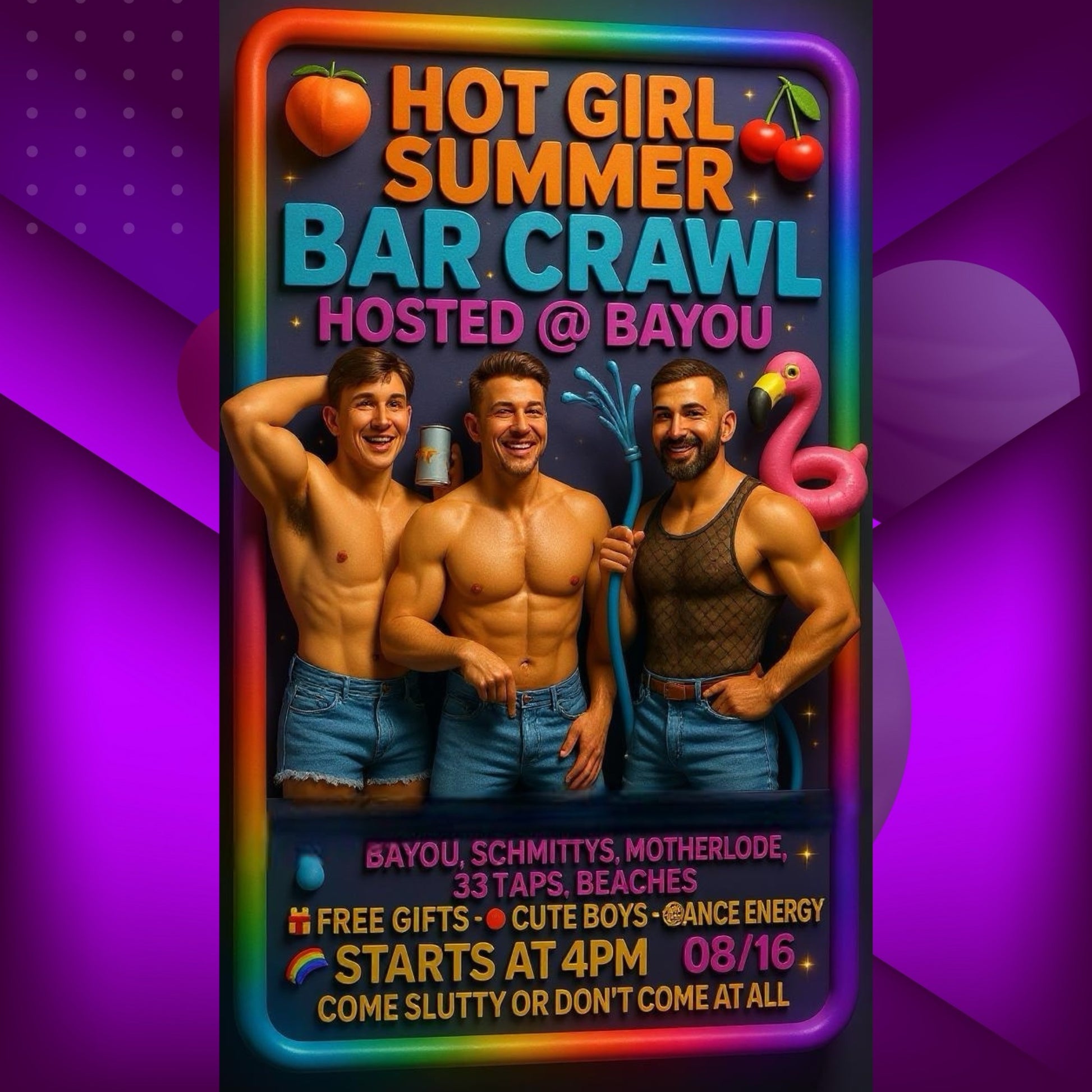 Promotional poster for a 'Hot Girl Summer Bar Crawl' hosted at Bayou with three men posing.